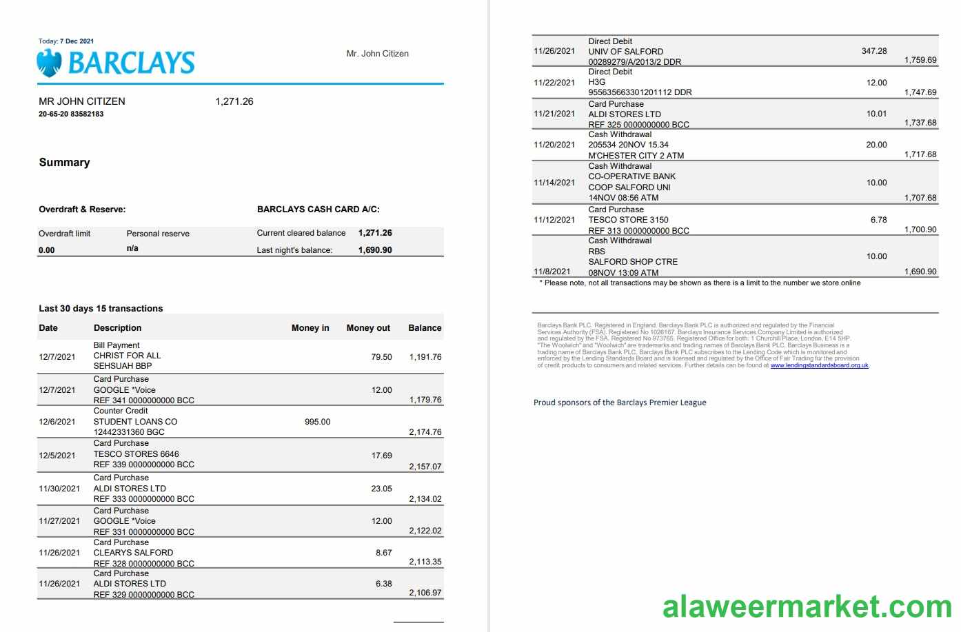 United Kingdom Barclays bank statement template in Excel and PDF format, version 3 (2 pages)